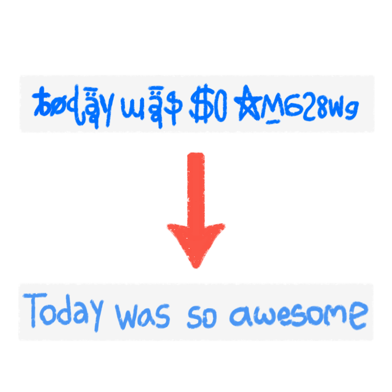 two white rectangular boxes with blue text. The top box has a stylized and distorted message that reads, 'tøđãy wå$ $0 ☆M628wg.' Below it is a red arrow pointing downward to the second box. The second box contains a clear message in blue text that reads, 'Today was so awesome.'